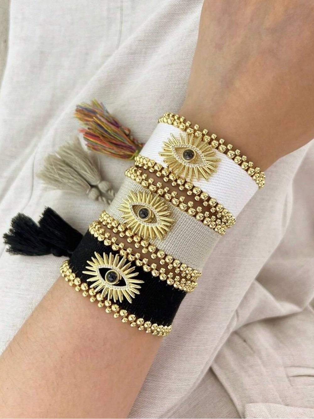 Evil Eye Stretch Bracelet - Black, White, and Grey